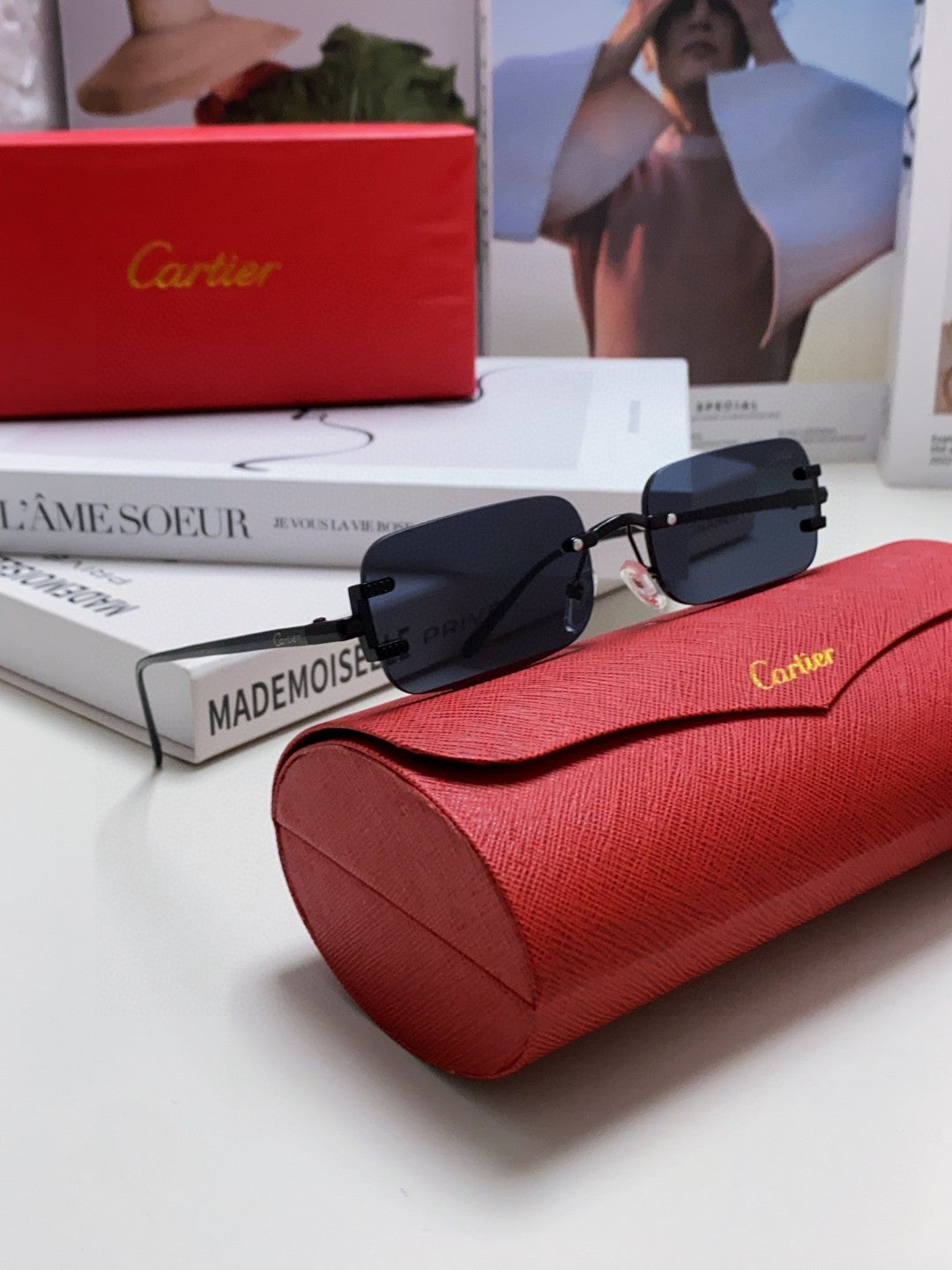 SANTOS RIMLESS RECTANGULAR FRAME SUNGLASSES 562068 IN METAL